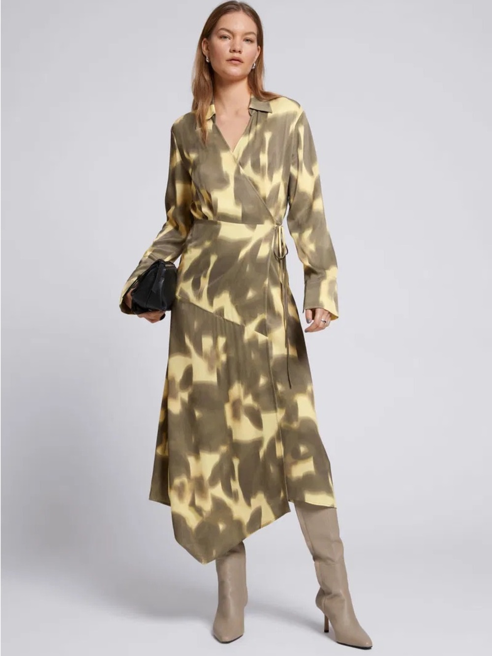 & Other Stories Olive & Yellow Abstract Asymmetric Hem Midi Wrap Dress